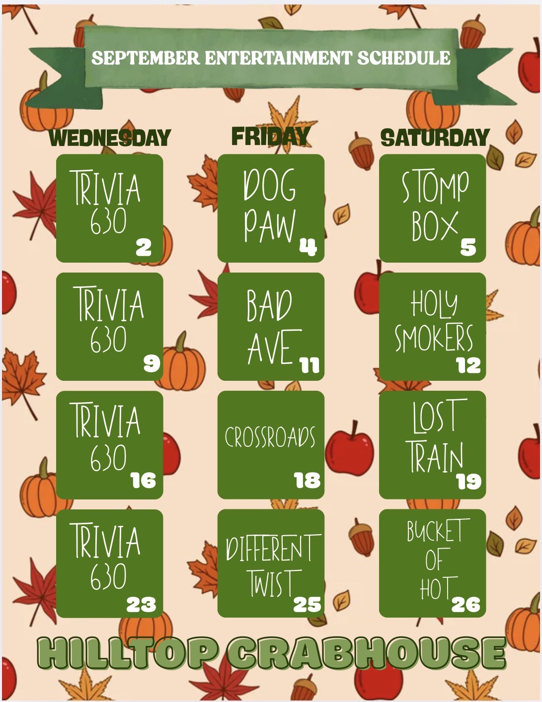 September Entertainment Schedule for Hilltop Crab House